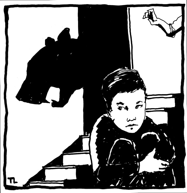 illustration of a boy holding knees to chest, and a shadow puppet on wall behind him