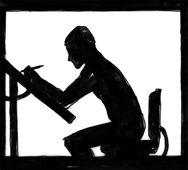 drawing of a man in profile as he works at a drafting table