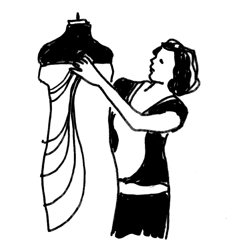 drawing of a woman draping fabric on a dress form