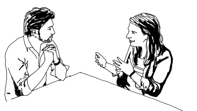 black and white drawing of a man and woman in conversation while seated at a table.