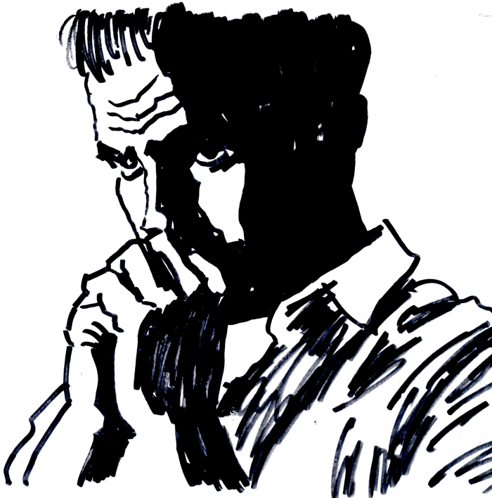 drawing depicting close up view of a man resting his face in his clasped hands.