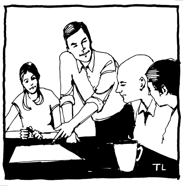 illustration of people around a meeting table, three are seated and one is standing