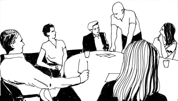 cartoon image of people in business attire seated at a conference table. One man is standing up with his palms flat against the table surface.