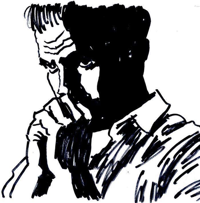 drawing of a man, his chin tucked into clasped hands.
