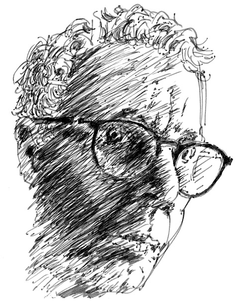 black and white pen and ink sketch of a man with short white hair and black glasses.